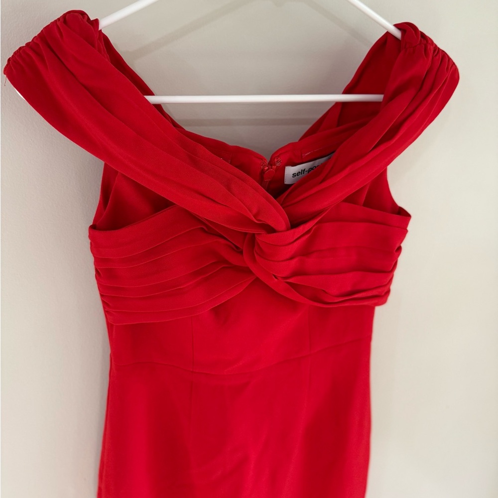 Self-Portrait Off Shoulder Ruched Sheath Midi Dress - Red - Size 0 - Picture 5 of 12